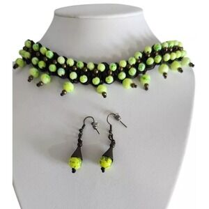 Vintage Tierra Boho Macrame Beaded Neck Choker Necklace w/ Dangling Earrings Set